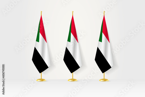 Three Sudan flags in a row on a golden stand, illustration of press conference and other meetings.