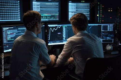 back view of two businessmen working together in the office Discuss and monitor global currency indices in exchange-traded funds. 