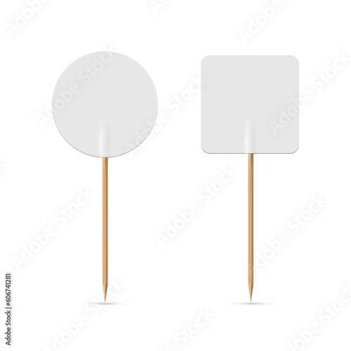 White flags on wooden toothpick. Round and square paper topper for cake or other food isolated on white background. Blank mockup for advertising and promotions, location mark, map pointer