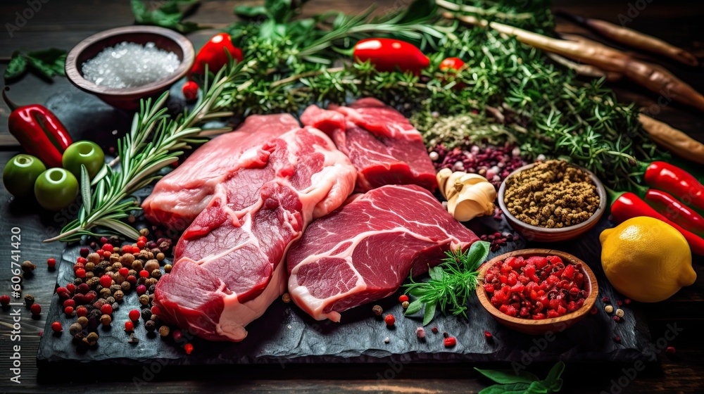 raw meat with fresh herbs ,Generative AI raw meat with fresh herbs ,Generative AI