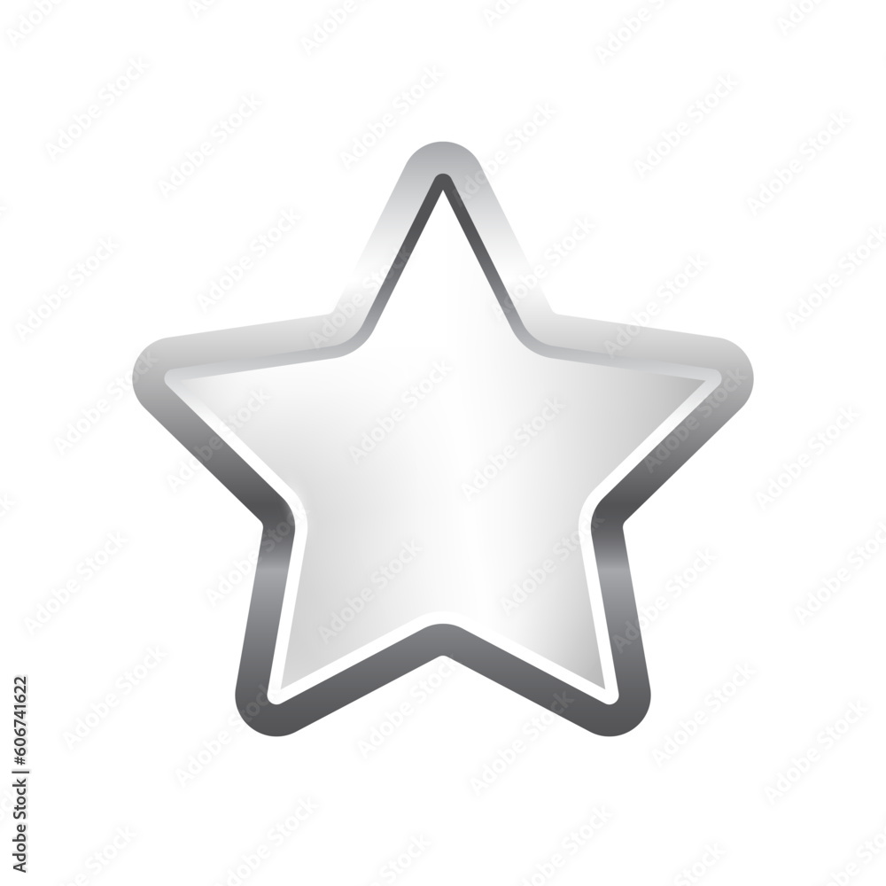 Silver star shape button with frame vector illustration. 3d steel glossy elegant design for empty emblem, medal or badge, shiny and gradient light effect on plate isolated on white background Silver star shape button with frame vector illustration. 3d steel glossy elegant design for empty emblem, medal or badge, shiny and gradient light effect on plate isolated on white background