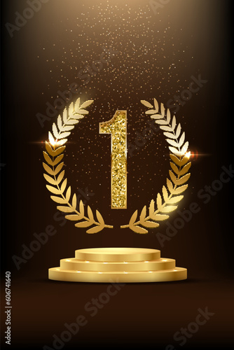 Winners podium with golden number one and laurel wreath with glitter light effect vector illustration. 3D realistic gold confetti and illumination fall on pedestal to celebrate first place of champion