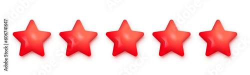 5 red stars for product review vector illustration. 3d five ranking symbols in row for feedback  satisfaction opinion on website service or mobile app isolated on white background