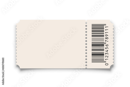 Theater, cinema ticket realistic vector template. Coupon, discount voucher mockup. Movie, raffle, carnival blank ticket with barcode and text space. Concert, event, festival paper admit layout