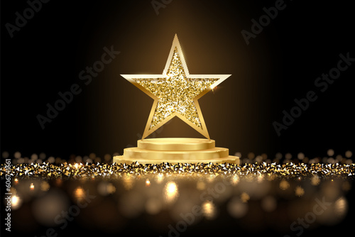 Golden three step podium with star glowing. Gold stage with glitter and light smoke on dark background. Hollywood fame in film and cinema or championship in sport vector illustration