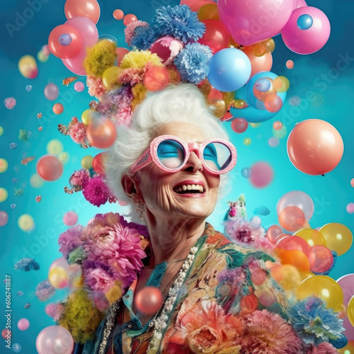Portrait of senior woman with colorful balloons in the background, digital collage style. Generative AI art