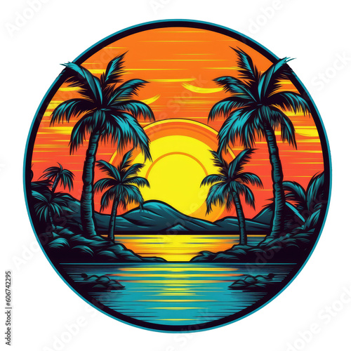 Vintage Sun Rising from the Sea Palm Trees on the Beach  Summer Vibes PNG 