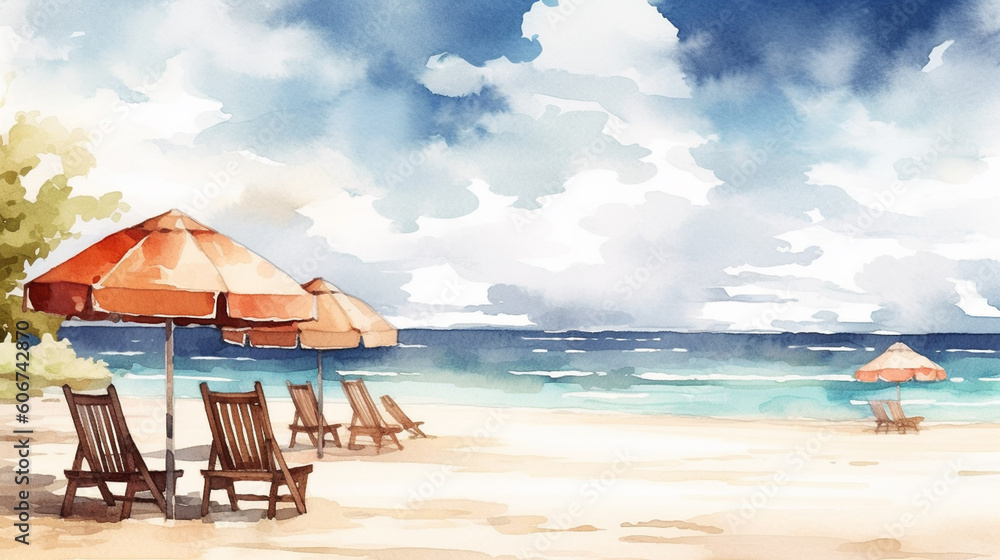 Hand drawn beach with umbrella. Generative AI Hand drawn beach with umbrella. Generative AI