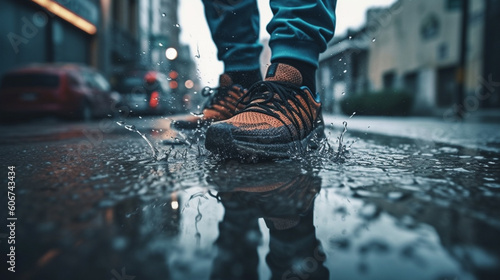 Walks over wet pavement. Generative AI © Daniel