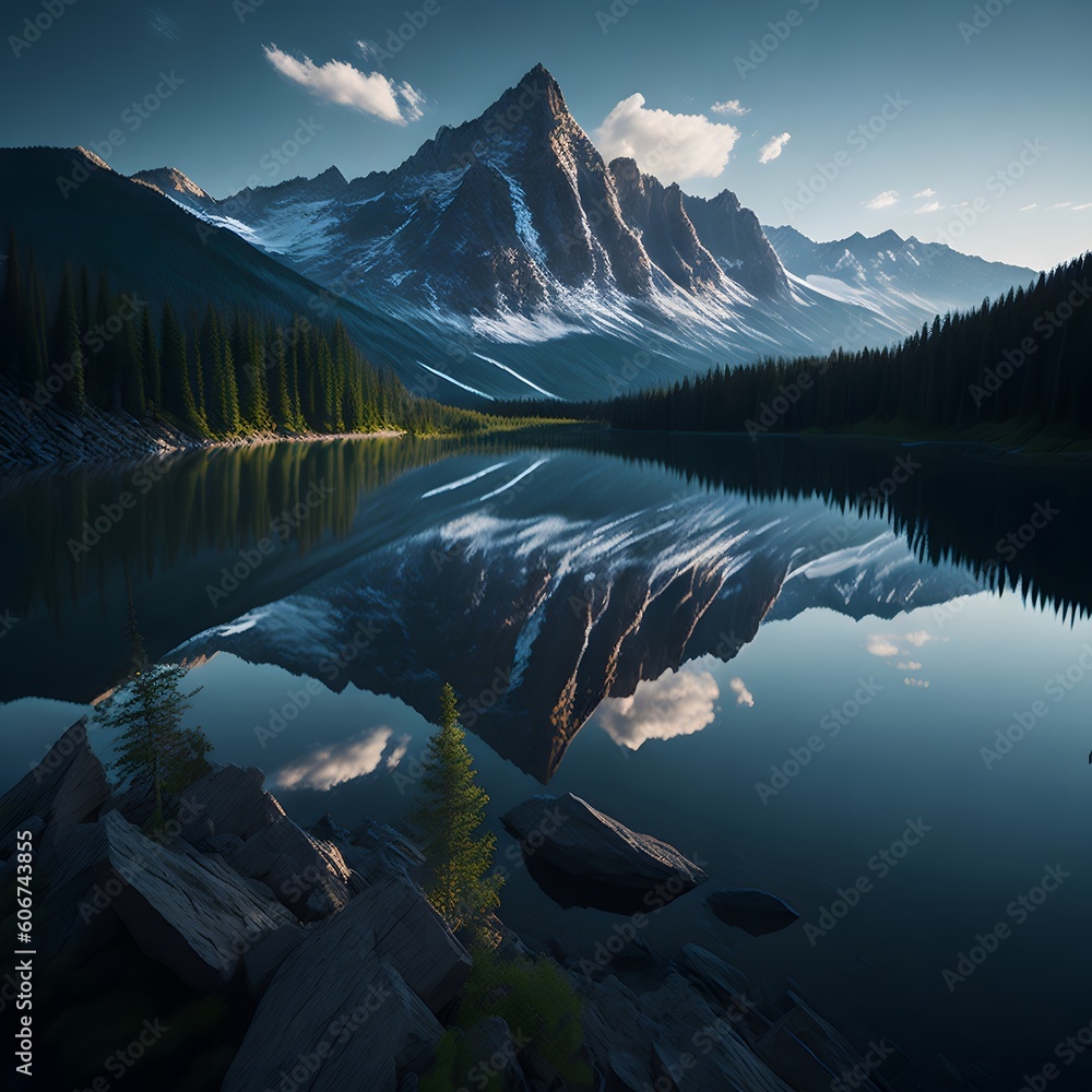 Serene mountain landscape with majestic peaks, tranquil lakes, and lush ...