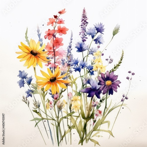 Watercolor illustration with different wild flowers. Meadow grass and flowers. Generative AI © Slanapotam