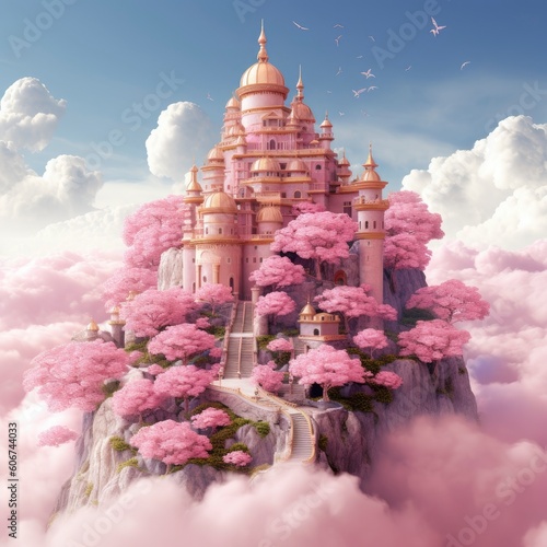 cloud castle made of pink clouds and stars Generative Ai