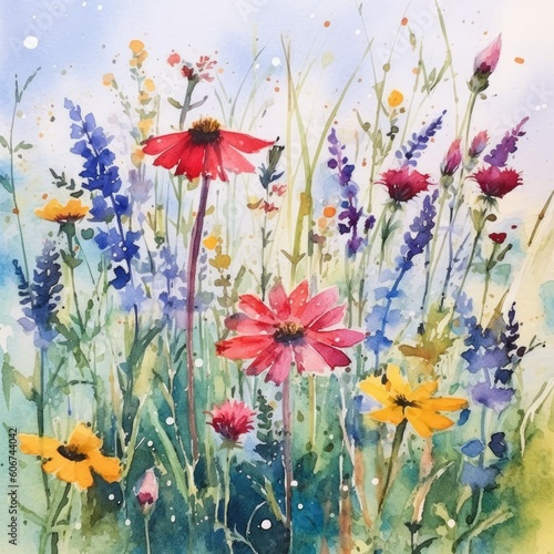 Watercolor illustration with different wild flowers. Meadow grass and flowers. Generative AI