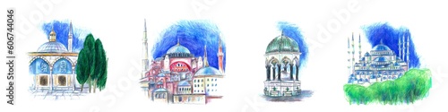 Istanbul city landmarks Hagia Sophia, Blue mosque, oriental archtecture photo