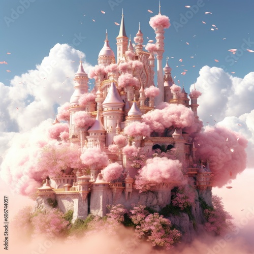 cloud castle made of pink clouds and stars Generative Ai