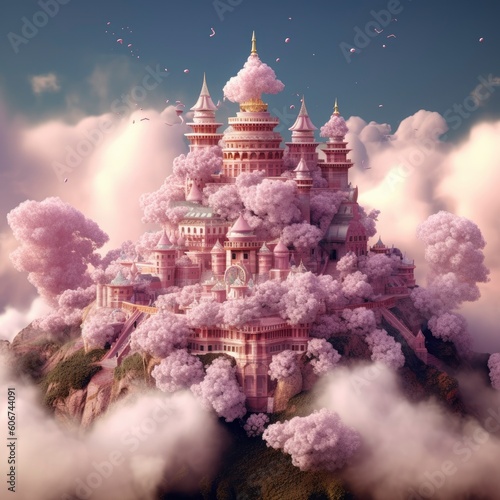 cloud castle made of pink clouds and stars Generative Ai
