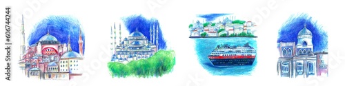 Istanbul city landmarks Hagia Sophia, Blue mosque, panoramic view bosporus coast photo