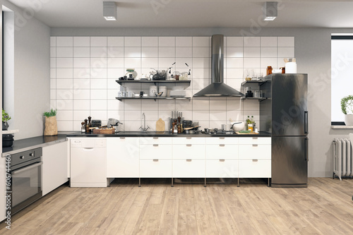 Apartment interior with kitchen.