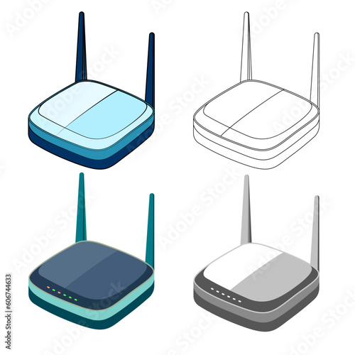 Wifi router in different styles vector clipart black and white line drawing and colored vector illustrations