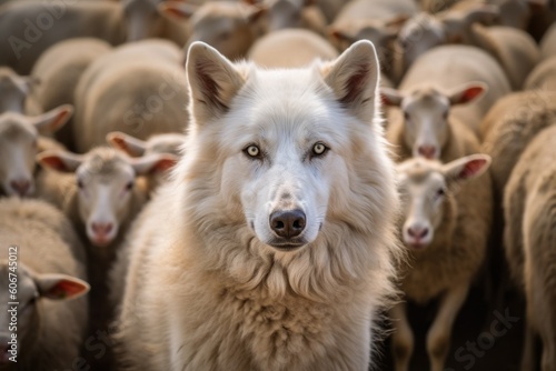 Flock of sheep and white wolf. White wolf in sheep body at the head of the herd
