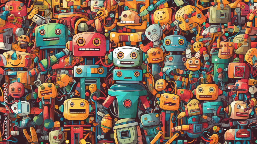 A collection of retro tin robot toys illustrated as a background. Generative Ai.