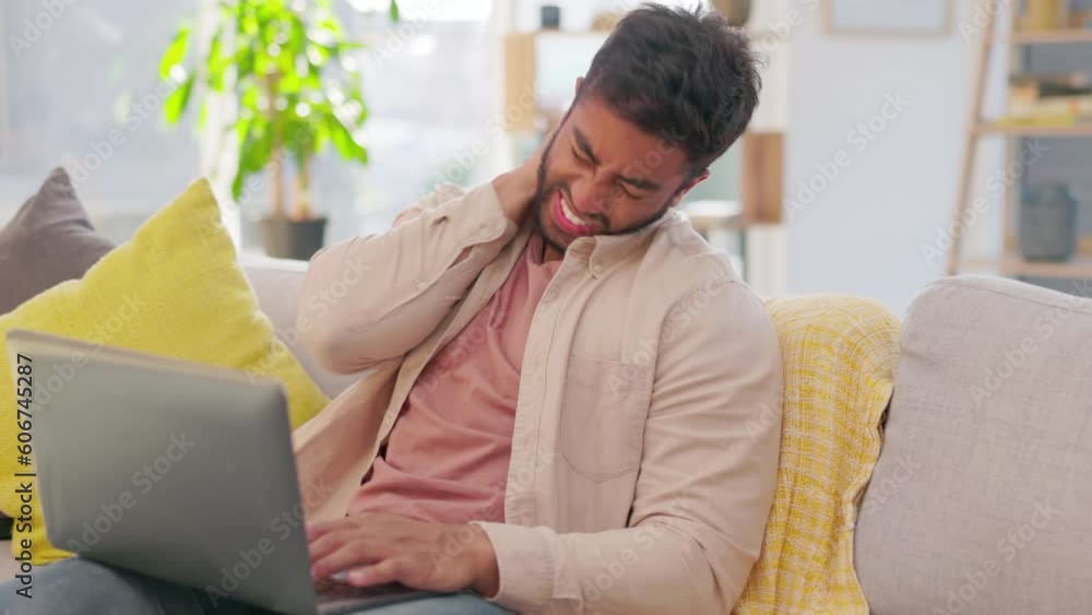 Neck, pain and man in home with laptop, joint inflammation and bad posture on sofa. Frustrated