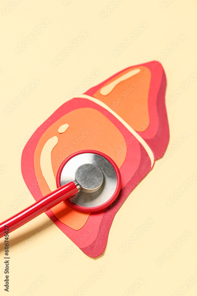 Red paper liver with stethoscope on orange background Red paper liver with stethoscope on orange background
