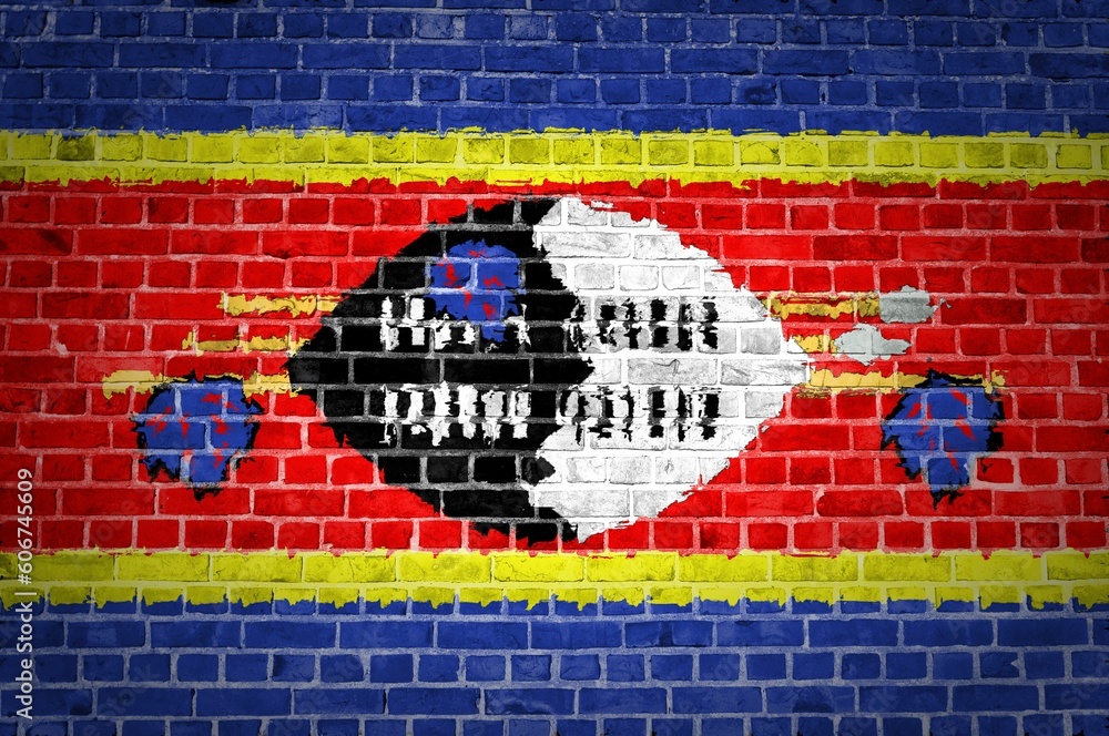 Shot of the Swaziland flag painted on a brick wall in an urban location Shot of the Swaziland flag painted on a brick wall in an urban location