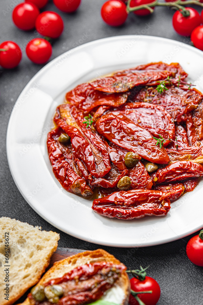tomato sun dried vegetable food meal snack on the table copy space food background rustic top view tomato sun dried vegetable food meal snack on the table copy space food background rustic top view