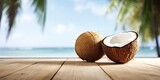 Empty Wooden Table for product with Blurred Beach and coconut tree Background