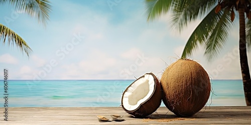 Empty Wooden Table for product with Blurred Beach and coconut tree Background