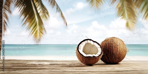 Empty Wooden Table for product with Blurred Beach and coconut tree Background