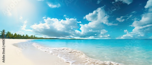 Beautiful background image of tropical beach. Bright summer sun over ocean. Blue sky with light clouds  turquoise ocean with surf and clear white sand. Harmony of clean environment