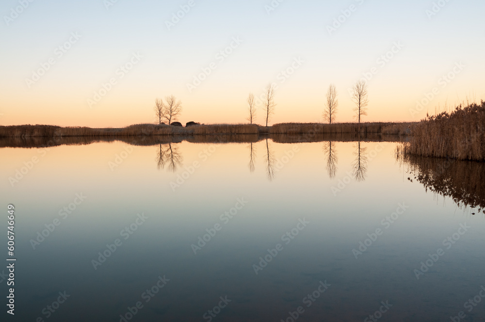 Vista de un lago en calma al atardecer con árboles y su reflejo en el agua en calma.