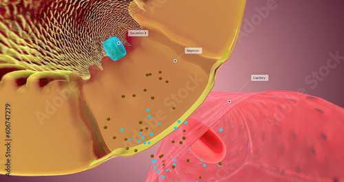 Secretion occurs along the nephron to remove unnecessary substances from the bloodstream and the body. photo