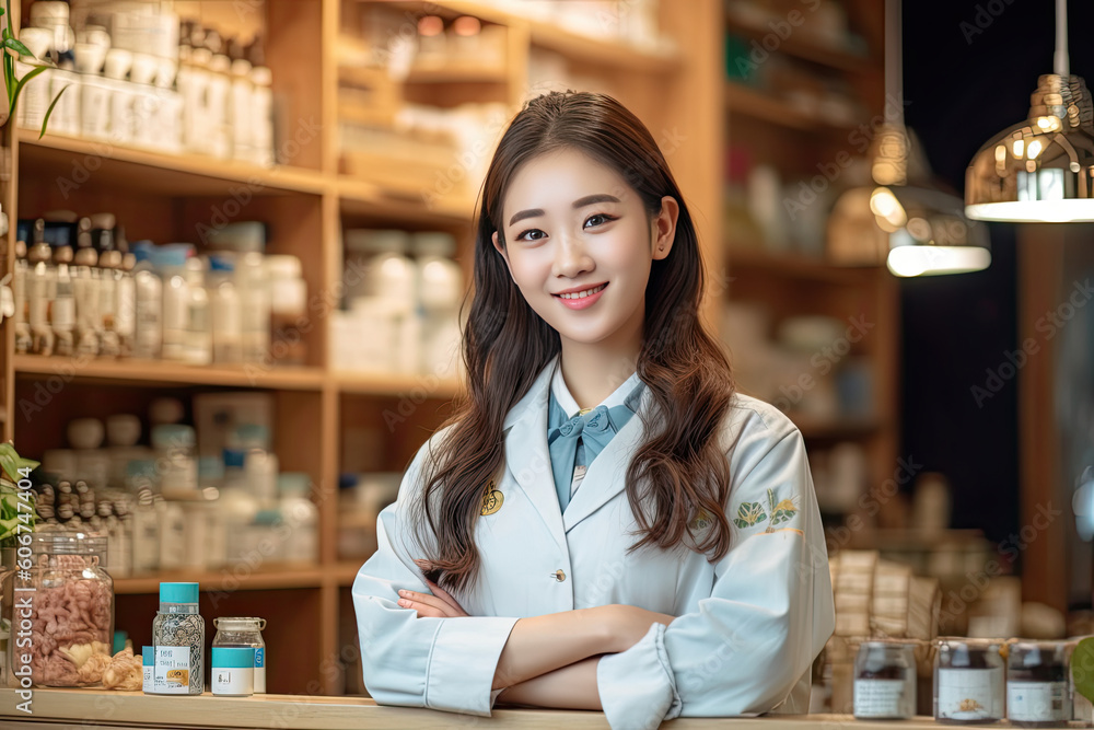 Asian pharmacist in pharmacy. Generative AI