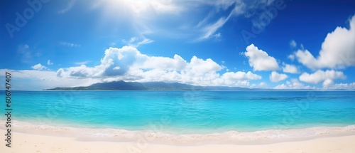 Beautiful beach with white sand, turquoise ocean water and blue sky with clouds in sunny day. Panoramic view. Natural background for summer vacation