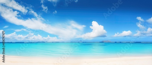 Beautiful beach with white sand, turquoise ocean water and blue sky with clouds in sunny day. Panoramic view. Natural background for summer vacation