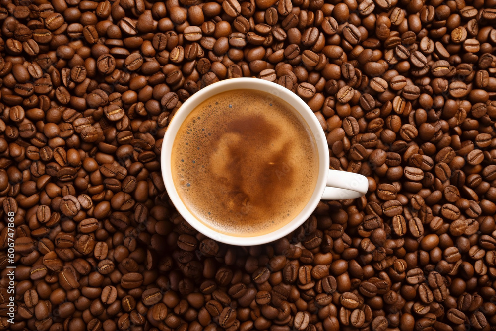 Coffee cup between many coffee beans. Generative AI illustration Coffee cup between many coffee beans. Generative AI illustration