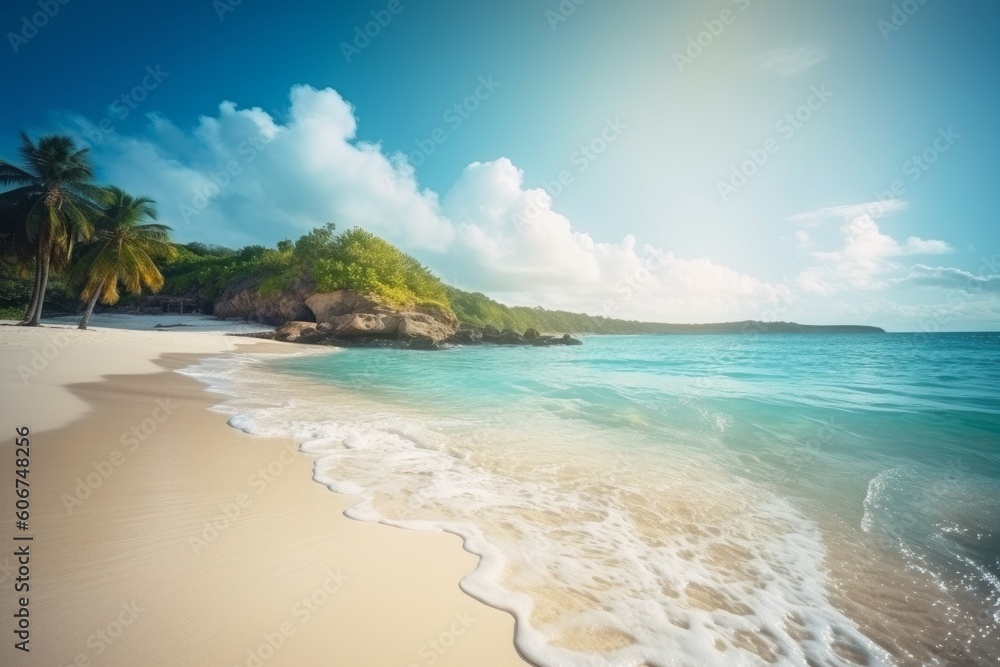 Sunny tropical beach with palm trees, Generative ai Sunny tropical beach with palm trees, Generative ai