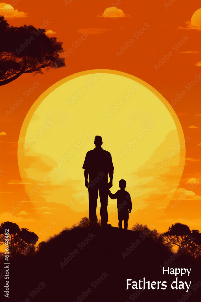 Fototapeta premium Silhouette of father and child in sunset with 