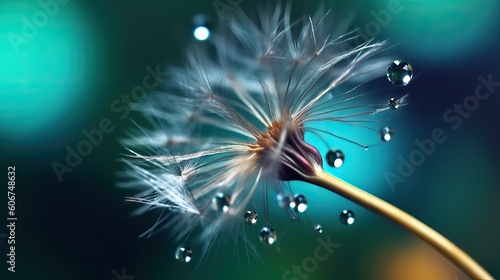 Beautiful shiny dew water drop on dandelion seed in nature. Close-up macro. Sparkling bokeh. Dark blue green background.