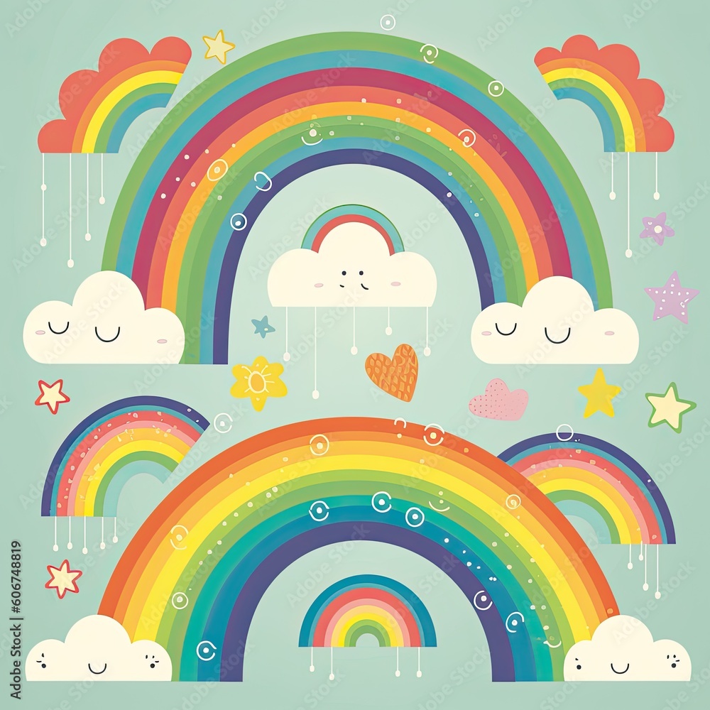 Cloud and rainbow design. Cute rainbows with happy faces. Rainbow and cloud cartoons on white backgrounds. Clouds and rainbows illustration with happy faces. Rainbow illustration set. AI generated. Cloud and rainbow design. Cute rainbows with happy faces. Rainbow and cloud cartoons on white backgrounds. Clouds and rainbows illustration with happy faces. Rainbow illustration set. AI generated.