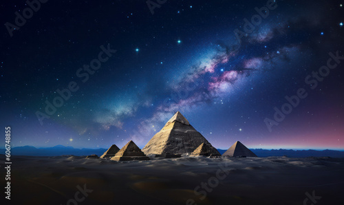 The Pyramids by night in the desert at night under the stars. AI generative