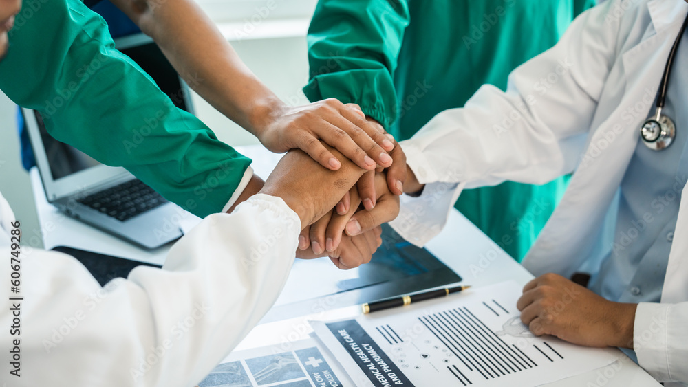 Φωτογραφία Stack of hands of International doctor team meeting hospital medical staff