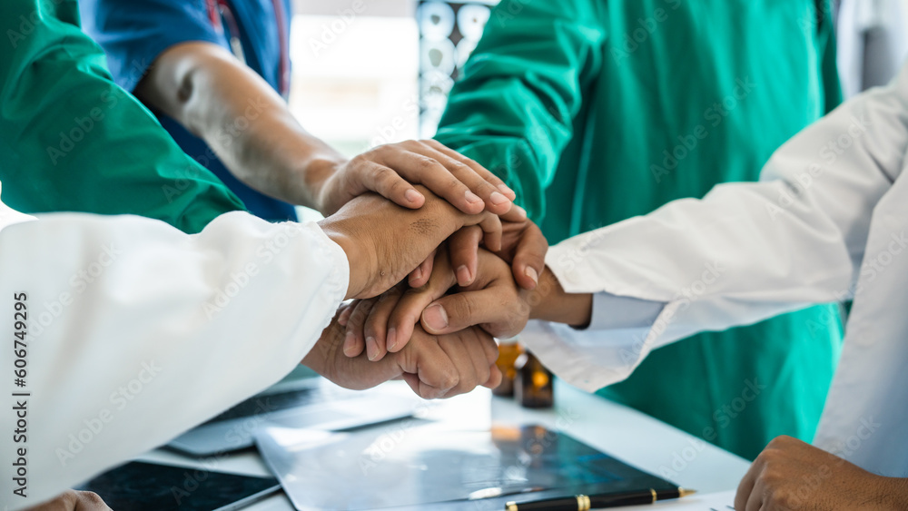 Φωτογραφία Stack of hands of International doctor team meeting hospital medical staff