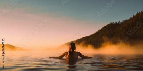 Woman bathes in clear lake, concept of Nature's serenity, created with Generative AI technology