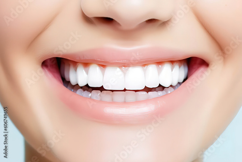 Tooth whitening, perfect white teeth close up, female toothy veneer smile, dental care and stomatology, dentistry. generative ai. photo