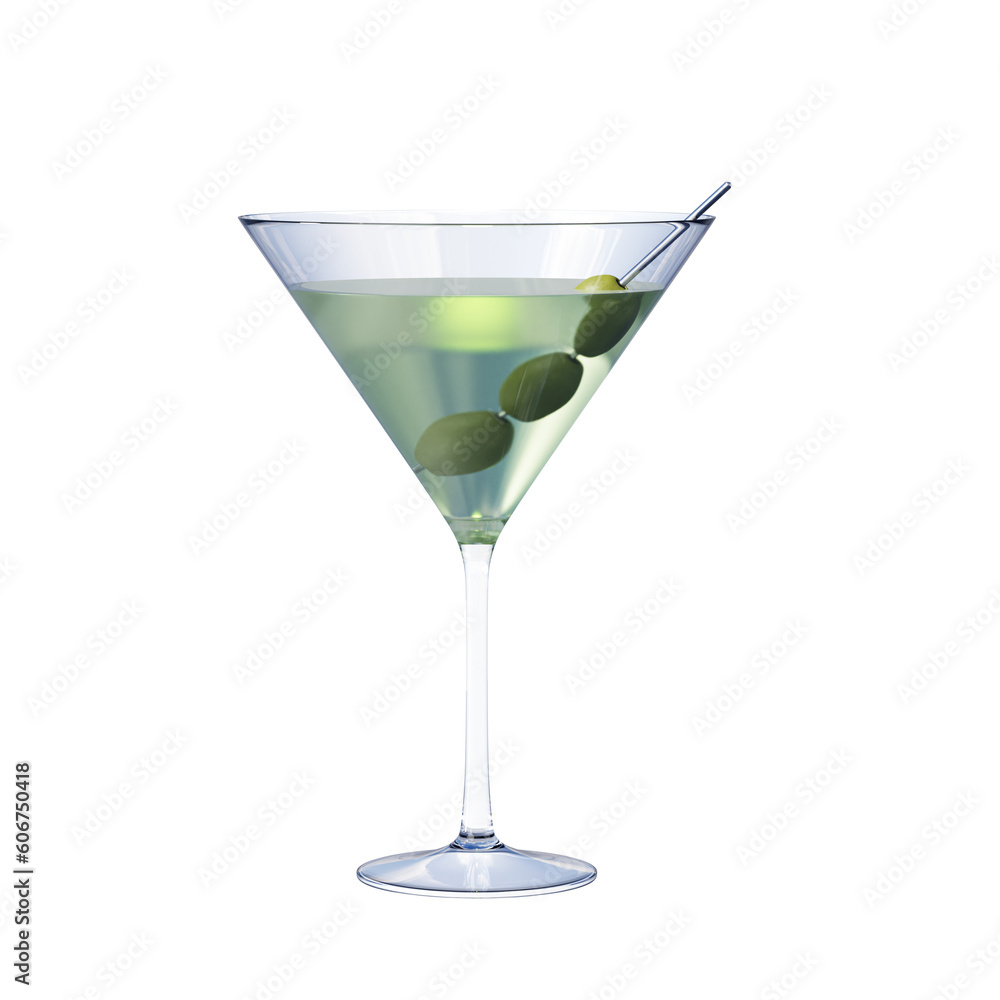 Martini cocktail with olives isolated on transparent background.