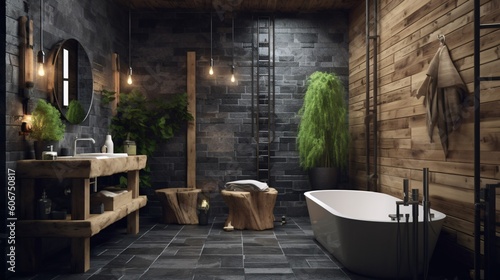 Interior of modern bathroom with wooden walls, tiled floor, comfortable bathtub and wooden shower stall. Rustic, minimalistic style. Created with generative AI.